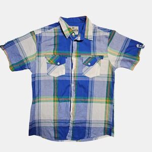 Vintage Evolution Plaid Flannel Button Up Short Sleeve Shirt XL Cotton‎ Blend